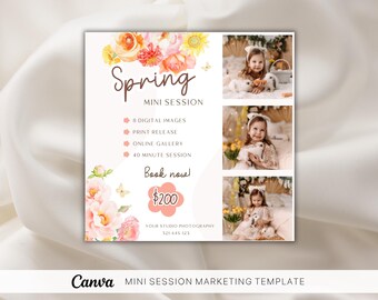 Szablon Canva na wiosenną mini sesję, tablica marketingowa dla fotografii, ulotka z projektem kwiatów na sesję zdjęciową.
