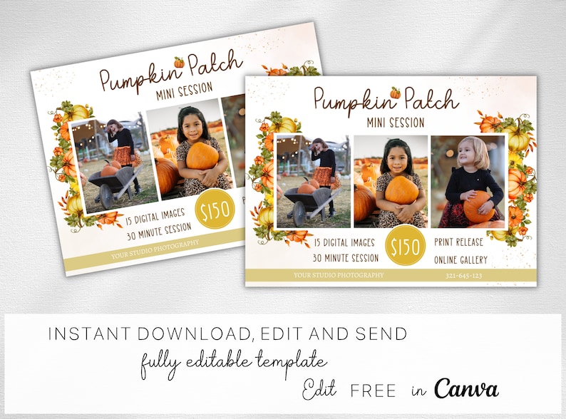 May include: A printable flyer for a pumpkin patch mini photo session. The flyer features a fall-themed design with pumpkins, leaves, and flowers. The text on the flyer reads "Pumpkin Patch Mini Session" and includes details about the session, such as the number of digital images, the session length, and the price. The flyer also includes a phone number for booking.