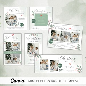 Zestaw szablonów mini sesji bożonarodzeniowych, zestaw marketingowy Canva, mini sesje bożonarodzeniowe, marketing świąteczny, reklama mini sesji, tablica zestawu bożonarodzeniowego