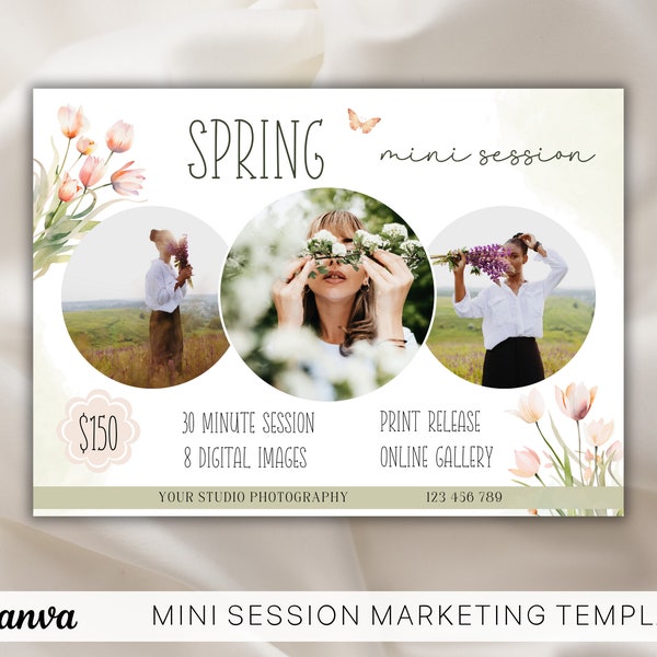 Plantilla de mini sesión de primavera para fotógrafos, folleto de fotografía de Canva, plantilla de junta de marketing, anuncio de mini sesión, sesión de fotos de primavera