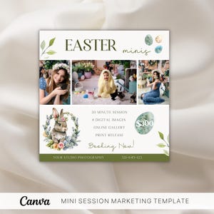 Sjabloon voor minisessie Pasen voor fotografen, Canva-marketingsjabloon, advertentie voor minisessie, fotografieflyer paashaas, marketingbord