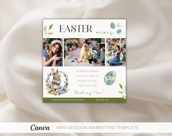 Easter Mini Session Template For Photographers, Canva Marketing Template, Mini Session Ad, Easter Bunny Photography Flyer, Marketing Board