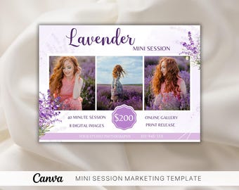 Szablon sesji mini lawendowej Canva, ulotka fotograficzna, marketing fotografii letniej