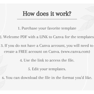 May include: A white background with black text explaining how to use a Canva template. The text reads: "How does it work? 1. Purchase your favorite template 2. Welcome PDF with a LINK to Canva for the templates. 3. If you do not have a Canva account, you will need to create a FREE account on Canva. (www.canva.com) 4. Use the link to access the file. 5. Edit your templates. 6. You can download the file in the format you'd like."