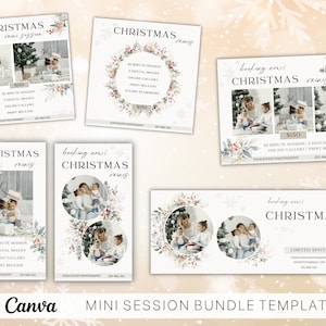 Peut inclure: Un ensemble de cinq modèles de médias sociaux pour des mini-sessions de Noël. Les modèles présentent un fond blanc avec une couronne aquarelle et des flocons de neige. Le texte sur les modèles comprend "Christmas minis", "booking now!" et "150 €".
