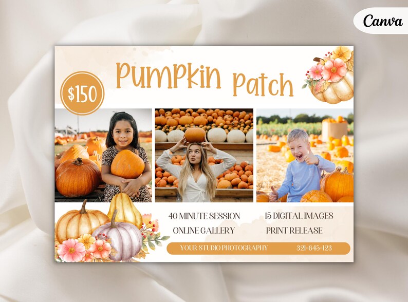 May include: A flyer advertising a pumpkin patch photo session for $150. The flyer features three photos of children in a pumpkin patch, along with details about the session, including a 40-minute session, online gallery, 15 digital images, print release, and contact information.
