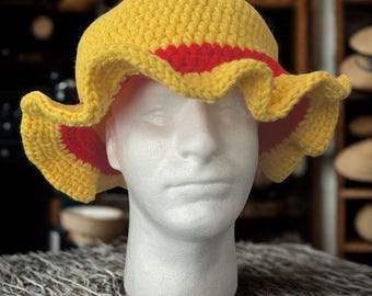Monkey D. Luffy Crochet Bucket Hat – Handmade Anime Hat, One Piece Cosplay, Pirate Straw Hat, Anime Gift, Summer Accessory