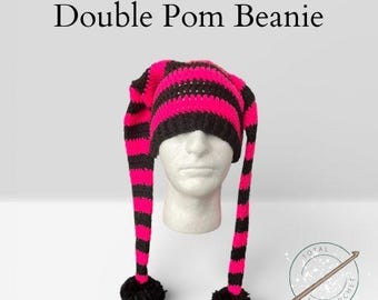 Neon Double Pom Crochet Beanie – Handmade Rave Hat, Festival EDM Gear, Glow Party Accessory