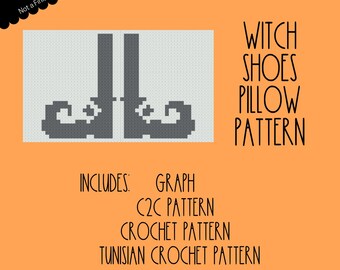 May include: A digital pattern for crocheting a witch's shoes pillow. The pattern includes a graph, C2C pattern, crochet pattern, and Tunisian crochet pattern.