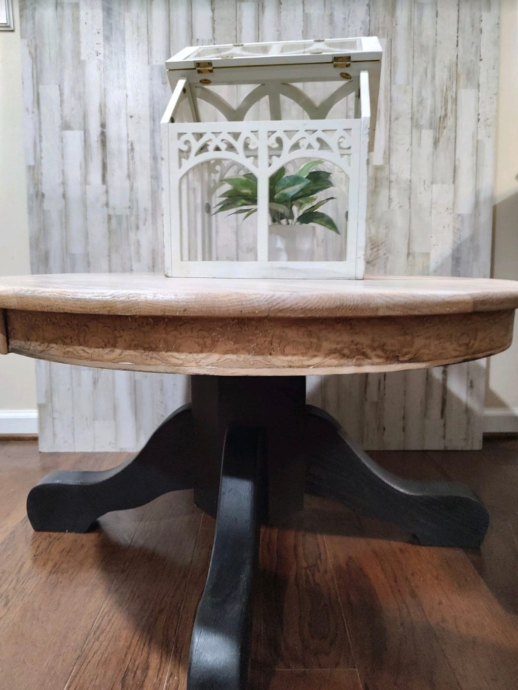 White Wash Oak Wood Coffee Table with Black Pedestal Base