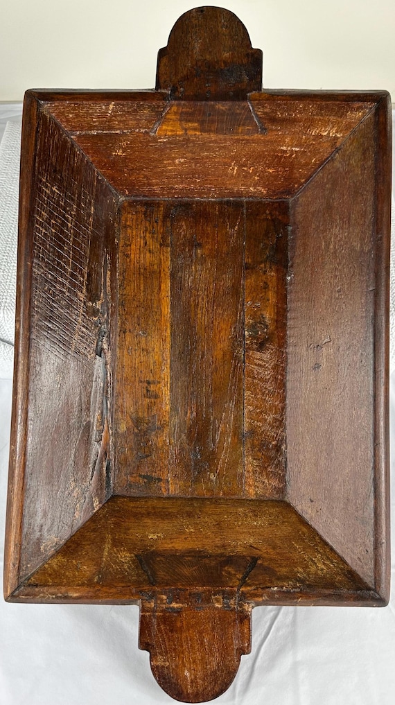 Genuinely antique hand-carved trencher with a natural crack — the kind of time-worn farmhouse artifact you can't replicate, only find.