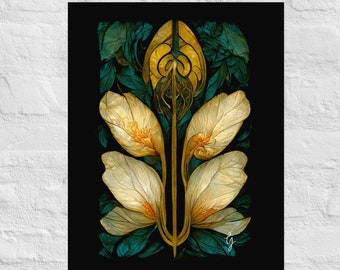 Vergulde bloemen #1, matte art poster print, art nouveau print, art nouveau bloemen, nep-gebrandschilderd glas, art deco bloemen, boho art print,