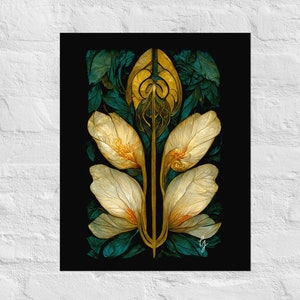 Gilded Flowers #1, Matte Art Poster Print, Art Nouveau Print, Art Nouveau Flowers, Faux Stained Glass, Art Deco Flowers, Boho Art Print,