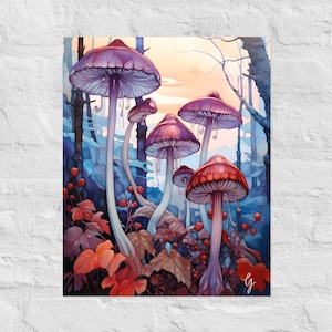 Red Berry Mushroom Art Print, Fungi Art, Botanical Art, Boho Art, Watercolor Art, Fungus Art, Vintage Poster, Cottagecore Art, Autumn Print