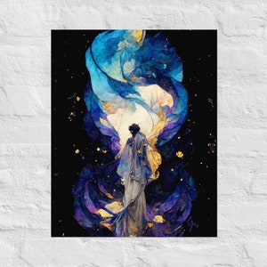 He Walks In a Galaxy of His Own, Matte Giclée Poster Print, Galaxy Print, Art Nouveau Print, Art Deco Print, Galaxy Art, Boho Art Print