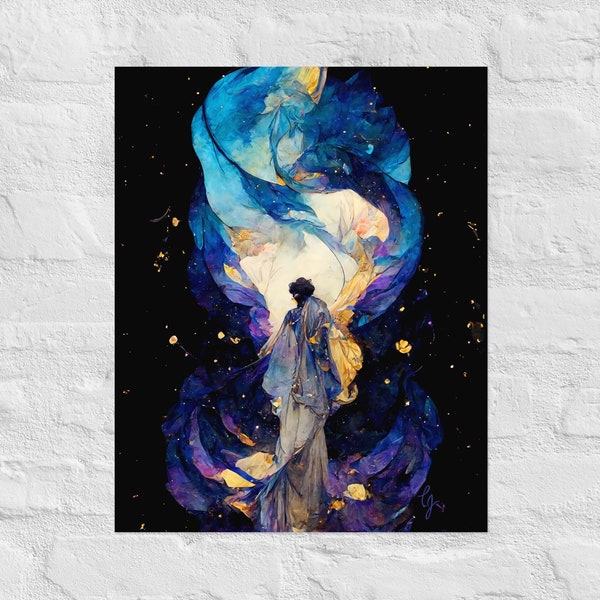 He Walks In a Galaxy of His Own, Matte Giclée Poster Print, Galaxy Print, Art Nouveau Print, Art Deco Print, Galaxy Art, Boho Art Print