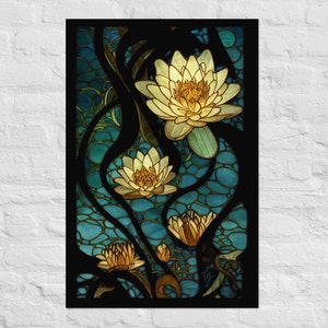 Waterlilies in Faux Stained Glass Art Poster Print, Art Nouveau Print, Art Deco Print, Lotus Print, Waterlily Print, Matte Print, Boho Art