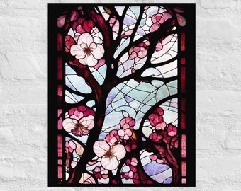 Cherry Blossoms in Stained Glass Art Poster Print, Sakura Blossoms, Art Nouveau Flowers, Pink Flowers Print , Cherry Blossom Tree,