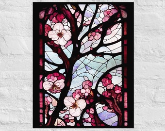 Póster de papel con vitrales de cerezo en flor, flores de Sakura, flores Art Nouveau, flores rosas, arte bohemio.