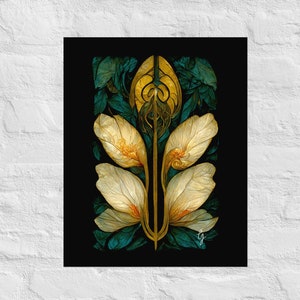 Gilded Flowers #1, Premium Luster Print, Art Nouveau Print, Art Nouveau Flowers, Faux Stained Glass Art Poster Print, Art Deco Flowers