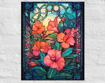 Póster de vitrales de imitación de hibisco, vitrales florales, vitrales Art Nouveau, estilo artesano.