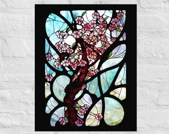 Cherry Blossoms in Stained Glass Art Poster Print #2, Sakura Blossoms, Art Nouveau Flowers Print, Pink Flowers Print , Cherry Blossom Tree