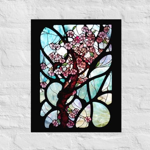 Cherry Blossoms in Faux Stained Glass Art Poster, Sakura, Art Nouveau Print, Pink Print, Cherry Blossom Flowers, Boho Art Print