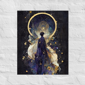May include: An artistic print depicting a figure in a dark blue cloak, set against a backdrop of deep blues and blacks. A golden halo surrounds the figure, with accents of gold and white, creating a celestial theme.