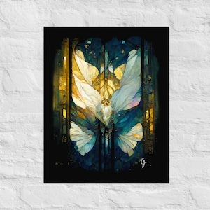 Art Nouveau Print, Angel, Butterfly, Moth, Faux Stained Glass Art Poster Print, Art Deco Stained Glass Art Poster Print, Matte Giclée Print