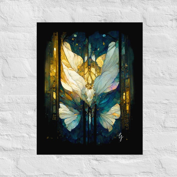 Art Nouveau Print, Angel, Butterfly, Moth, Faux Stained Glass Art Poster Print, Art Deco Stained Glass Art Poster Print, Matte Giclée Print