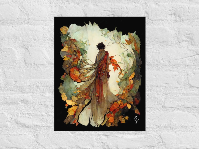Puede incluir: Una pintura de acuarela de una persona con una larga t&uacute;nica fluida de pie en un bosque de hojas de oto&ntilde;o. Las hojas son de tonos rojos, naranjas, amarillos y verdes. El rostro de la persona est&aacute; oculto por las hojas.
