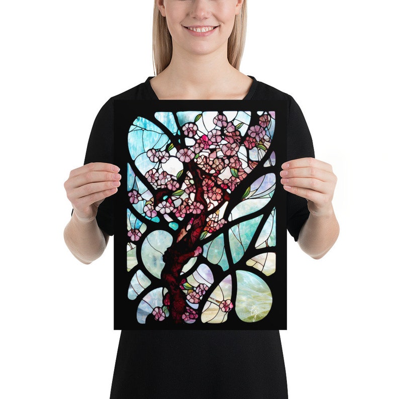 Cherry Blossoms in Stained Glass Print #2, Sakura Blossoms, Art Nouveau Flowers, Pink Flowers Print , Cherry Blossom Tree, Large Art Print