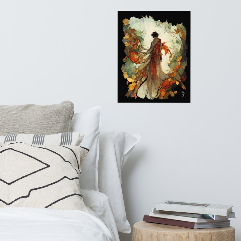 Puede incluir: Una pintura digital de una persona de pie en un bosque de hojas de oto&ntilde;o. La persona lleva una larga t&uacute;nica fluida y da la espalda al espectador. Las hojas son de tonos rojos, naranjas, amarillos y marrones.