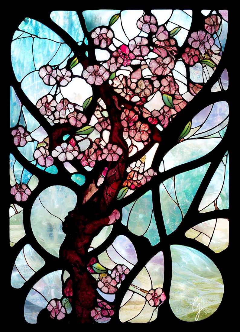 Puede incluir: Una ventana de vitrales que representa un &aacute;rbol estilizado con flores rosas sobre un fondo azul y verde.