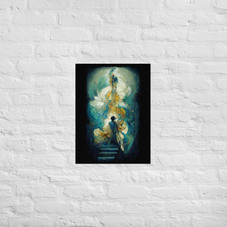 Op de afbeelding: Een digitaal schilderij van een persoon die op een trap staat, omringd door wervelende blauwe en gouden wolken. De persoon draagt een donkerblauwe outfit en kijkt omhoog naar een grote, abstracte vorm boven hen.