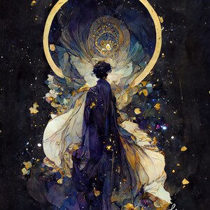 May include: An artistic digital painting of a figure in a dark cloak, standing before a golden halo. The artwork features a celestial theme with swirling blues, purples, and gold accents, set against a dark, starry background. The style is reminiscent of a dreamscape.