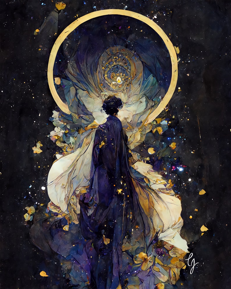 May include: An artistic digital painting of a figure in a dark cloak, standing before a golden halo. The artwork features a celestial theme with swirling blues, purples, and gold accents, set against a dark, starry background. The style is reminiscent of a dreamscape.