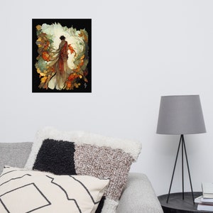 Puede incluir: Una pintura digital de una persona de pie en un bosque de oto&ntilde;o. La persona lleva una larga t&uacute;nica fluida y est&aacute; rodeada de hojas de varios tonos de rojo, naranja y amarillo.