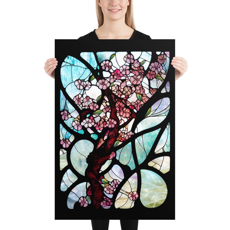 Cherry Blossoms in Stained Glass Print #2, Sakura Blossoms, Art Nouveau Flowers, Pink Flowers Print , Cherry Blossom Tree, Large Art Print