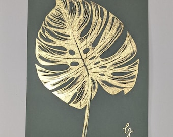 Monstera Deliciosa, planta de queso suizo, filodendro de hoja dividida, impresión de lámina de hoja de oro, impresión de arte de plantas de la casa, impresión de arte tropical, arte de hojas