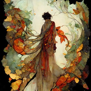 Puede incluir: Una pintura de una persona con un vestido rojo y naranja fluido de pie en un bosque de hojas de oto&ntilde;o. El rostro de la persona est&aacute; oculto por las hojas, pero su silueta es visible contra el fondo claro.