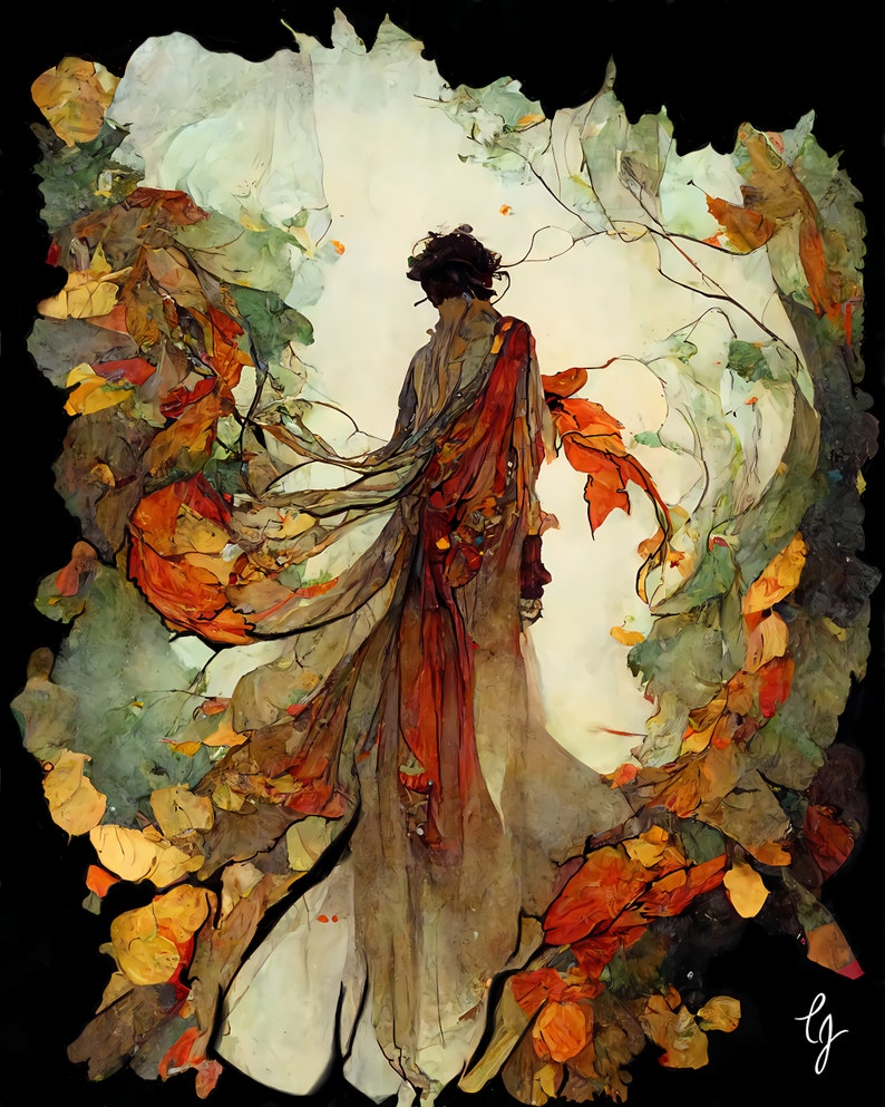 Puede incluir: Una pintura de una persona con un vestido rojo y naranja fluido de pie en un bosque de hojas de oto&ntilde;o. El rostro de la persona est&aacute; oculto por las hojas, pero su silueta es visible contra el fondo claro.