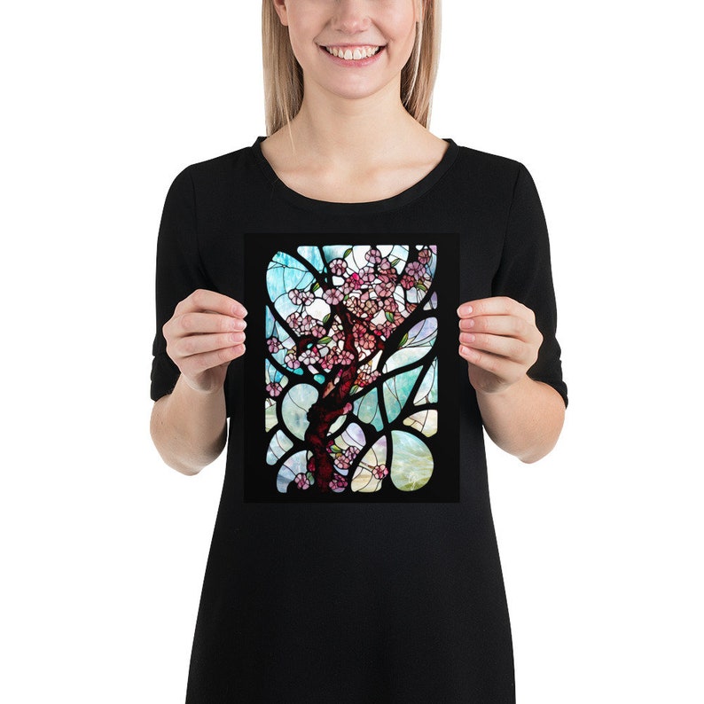 Cherry Blossoms in Stained Glass Print #2, Sakura Blossoms, Art Nouveau Flowers, Pink Flowers Print , Cherry Blossom Tree, Large Art Print