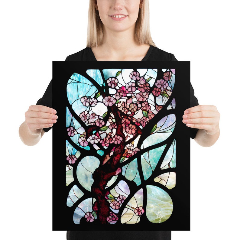 Cherry Blossoms in Stained Glass Print #2, Sakura Blossoms, Art Nouveau Flowers, Pink Flowers Print , Cherry Blossom Tree, Large Art Print