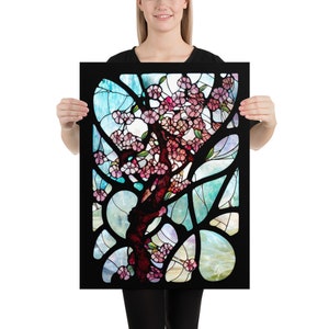 Cherry Blossoms in Stained Glass Print #2, Sakura Blossoms, Art Nouveau Flowers, Pink Flowers Print , Cherry Blossom Tree, Large Art Print
