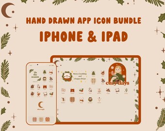 May include: A set of hand-drawn app icons for iPhone and iPad. The icons feature a winter theme with illustrations of a bear, a Christmas tree, a cup of coffee, and the text "cozy days".
