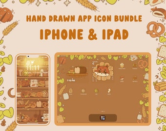 May include: A digital illustration of a phone and tablet screen with a bakery theme. The screens feature a calendar, clock, and app icons with images of pastries, bread, and other bakery items. The text "HAND DRAWN APP ICON BUNDLE IPHONE & IPAD BAKERY CAFÉ" is displayed on the image.