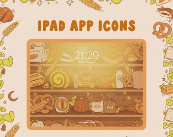May include: A digital illustration of an iPad screen with a bakery cafe theme. The screen shows a bakery shelf with various baked goods, including bread, pretzels, pastries, and jars of ingredients. The time is 21:29 and the date is Friday, 7 October. The text "Bakery Cafe" is displayed below the iPad screen.