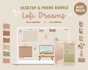 Retro Lofi Dreams Desktop Organizer Wallpaper and App Icons IOS Icon Pack Bundle, Desktop Icons for Mac, Windows
