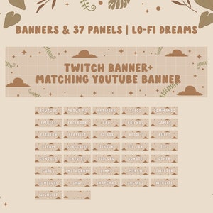 Puede incluir: Un conjunto de 37 paneles marrones y beige con texto blanco para banners de Twitch y YouTube. Los paneles presentan un diseño de nube y estrella. El texto en los paneles incluye "YouTube", "Acerca de mí", "Obra de arte", "Especificaciones", "Comandos", "Emoticonos", "Facebook", "Preguntas frecuentes", "Amigos", "Juegos", "Patreon", "Lista de reproducción", "Apartado postal", "Reddit", "Reglas", "Steam", "Suscribirse", "TikTok", "Tarro de propinas", "Consejos", "Contacto", "Créditos", "Discord", "Donar", "Otro", "Metas", "Instagram", "Enlaces", "Mercancía", "Twitter", "Horario", "Tienda", "Snapchat", "Redes sociales", "Sitio web", y "Lista de deseos".